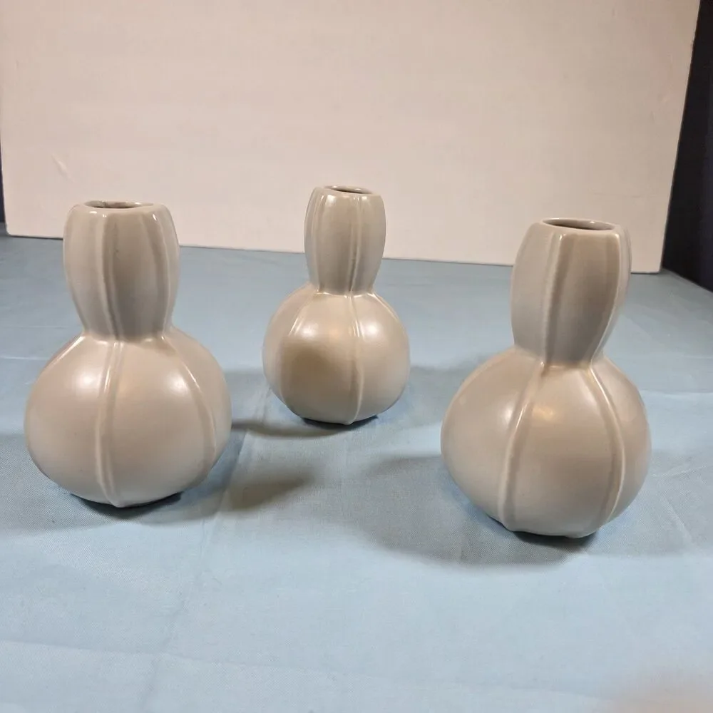 Vintage MCM Light Gray with Cream Gourd Like Shaped Bud Vases 5 inch Set of 3